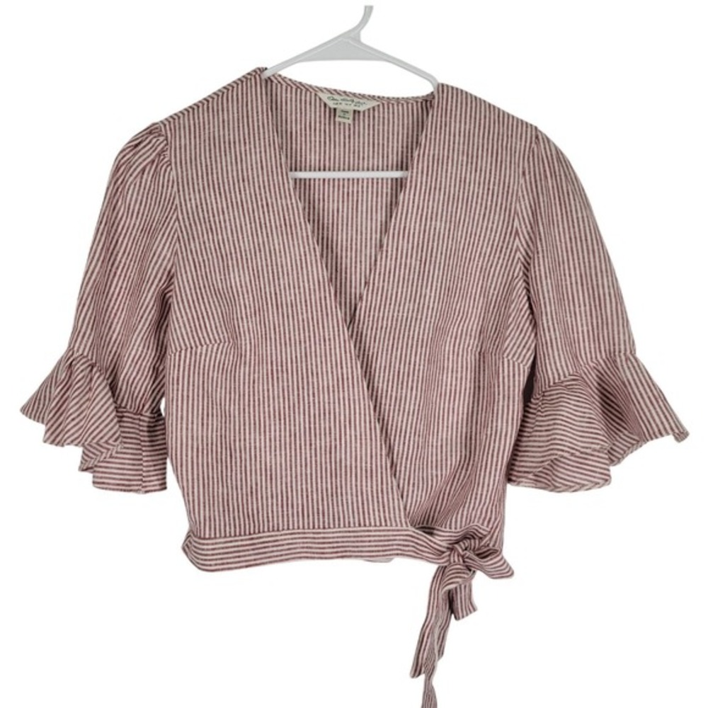 Miss Selfridge Wrap Front Crop Top Sz 4 Linen Blend Red White Stripes Ruffle